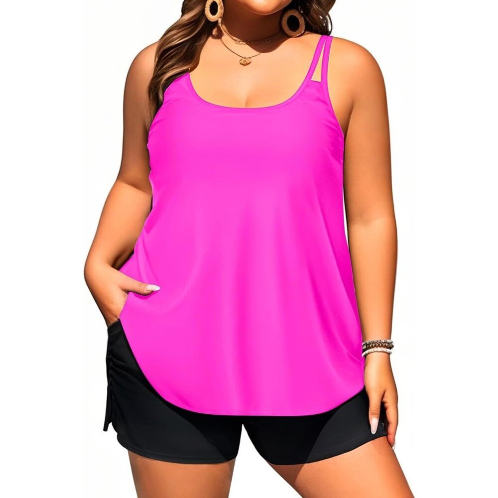 Plus Size Tankini Swimsuit Women Two Piece Hot Pink Swimwear with Shorts